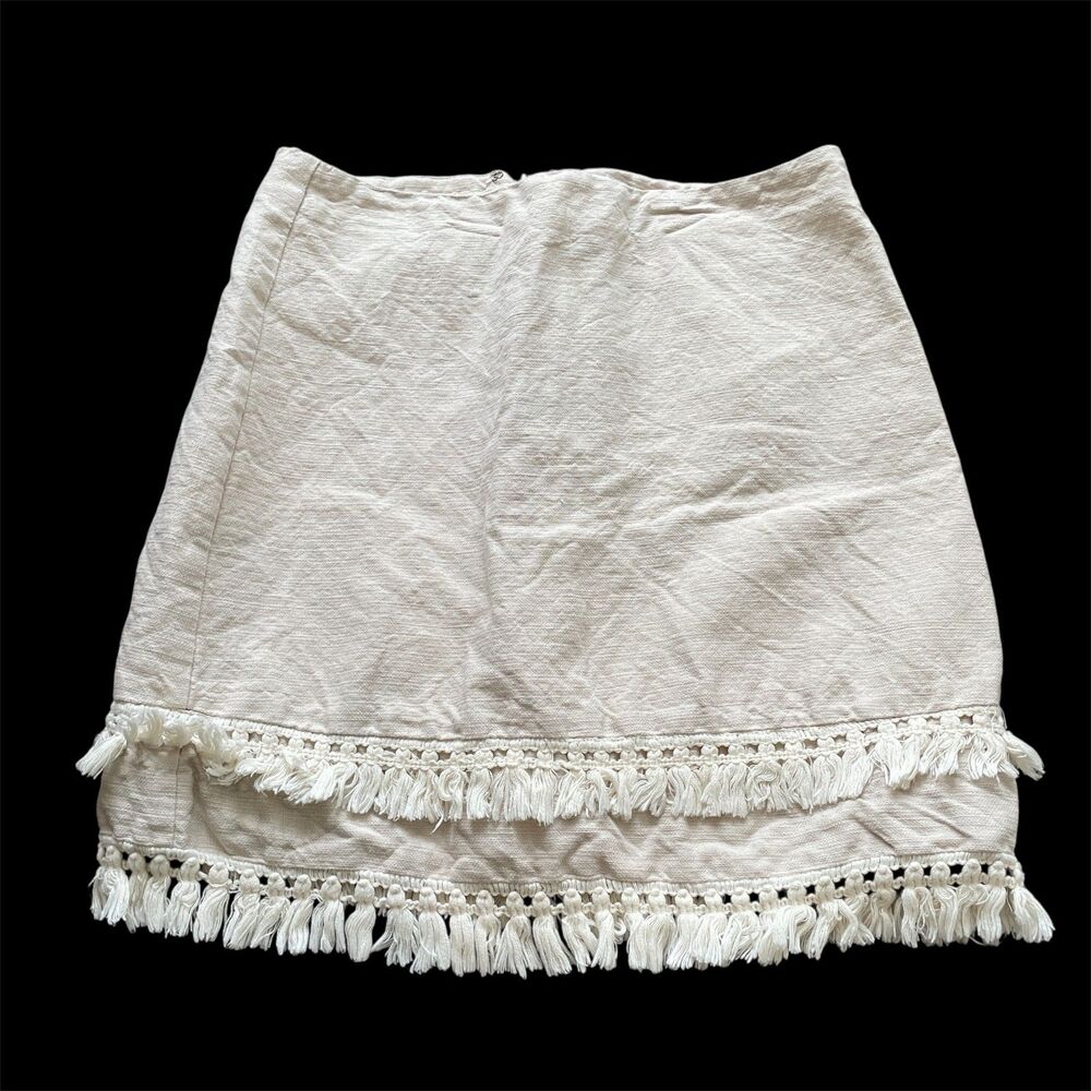 Loft Womens Linen Midi Skirt Sz 6 Fringe Office Twee Coquette Business Neutral